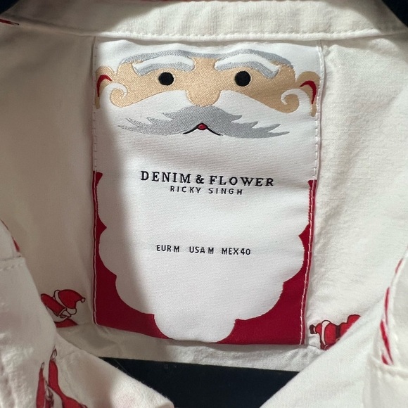 Denim & Flower Ricky Singh White Shirt with Red Santa pattern, Christmas, size M - Picture 3 of 4